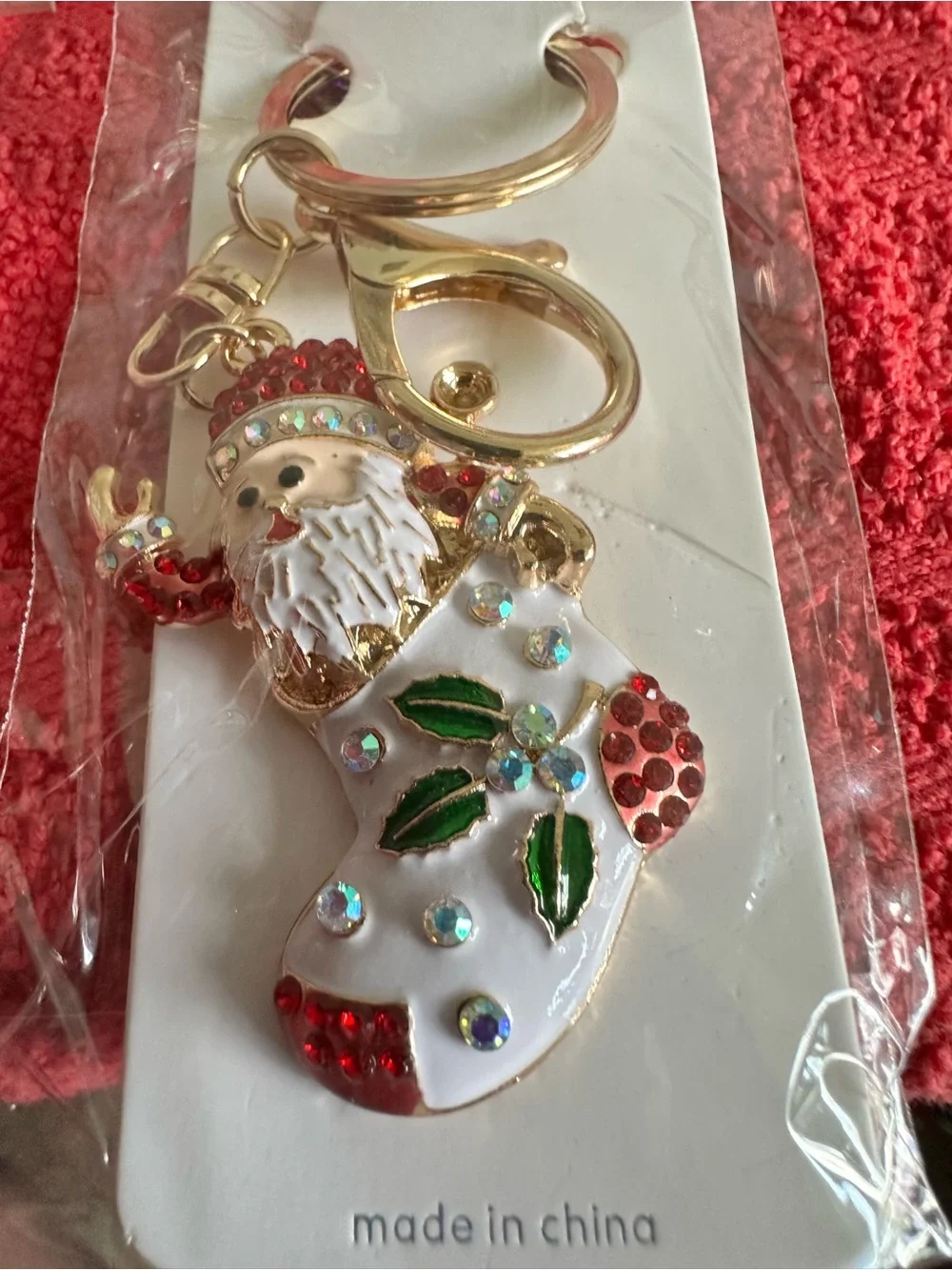 Gold Santa Stocking Keychain - White & Red Christmas Charm